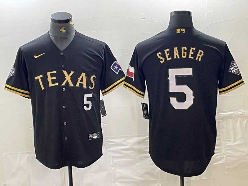 Men%27s Texas Rangers #5 Corey Seager Number Black Gold Cool Base Stitched Baseball Jersey->texas rangers->MLB Jersey